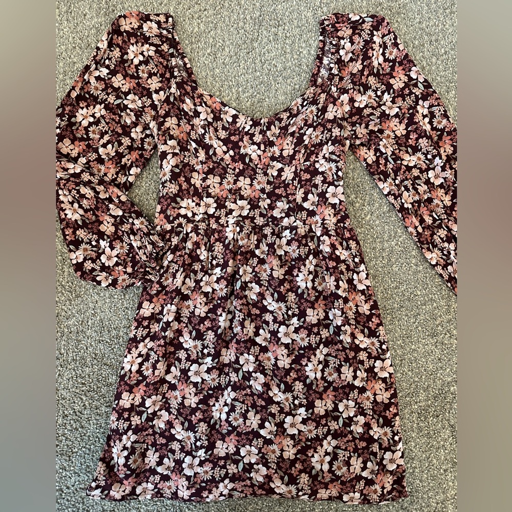 Altar'd State Floral Long Sleeve Scoop Neck Dress in Burgundy and Blush